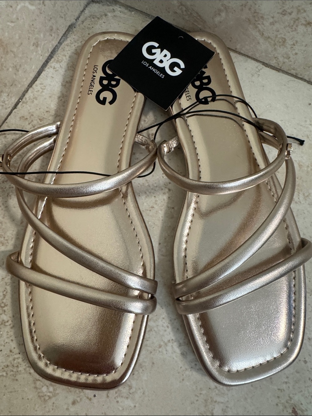 GBG Los Angeles Metallic Champagne Multi-Strap Slide Sandals